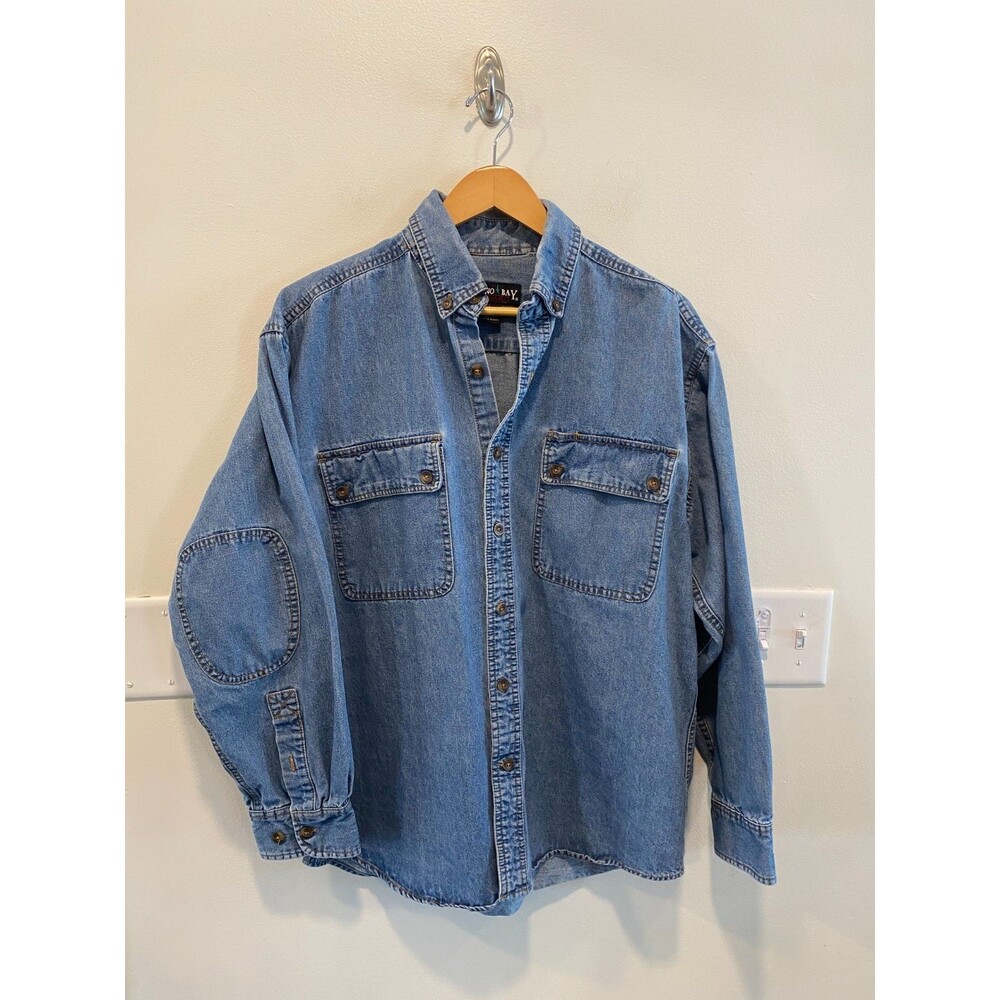 Vintage 90s Marino Bay Mens Denim Utility Shirt Large Elbow Patches Gorpcore